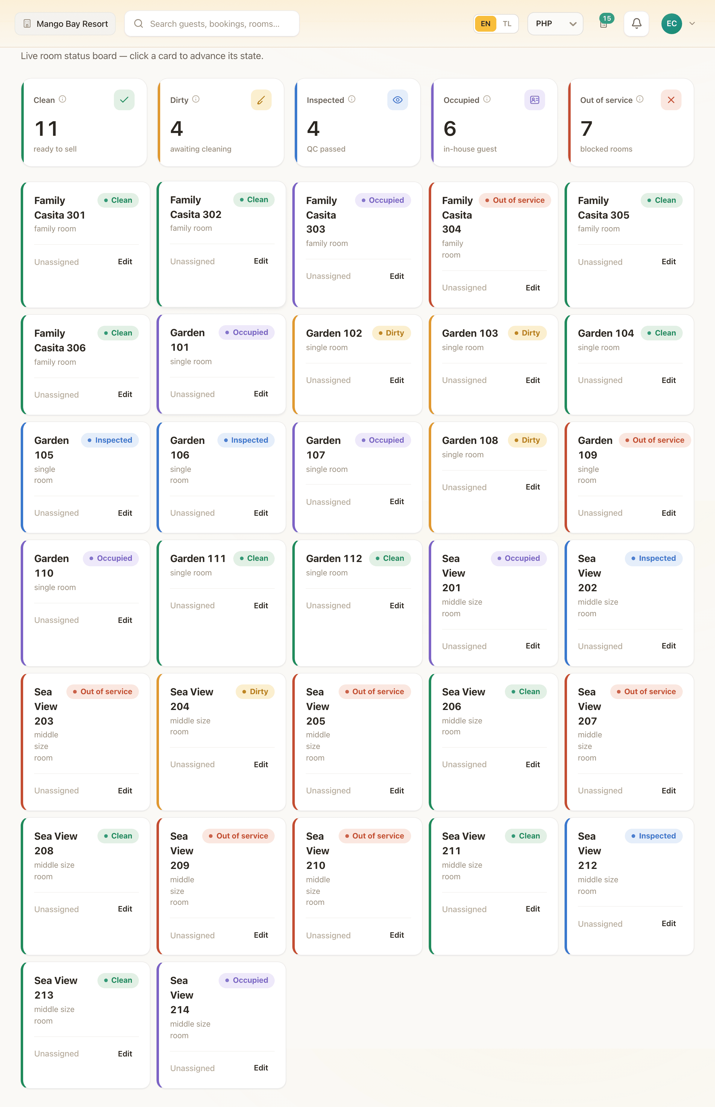 The MangoHost housekeeping board: every room as a card showing its status, assignee and current guest.