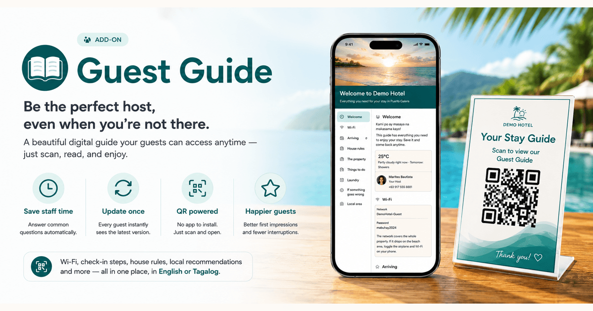The Guest Guide add-on: a phone showing a published guide for a Puerto Galera property — welcome note, Wi-Fi network and password, arrival steps, house rules, things to do and the local area — beside a printed table card with a QR code guests scan to open it. No app to install, updated once for every guest, available in English or Tagalog.