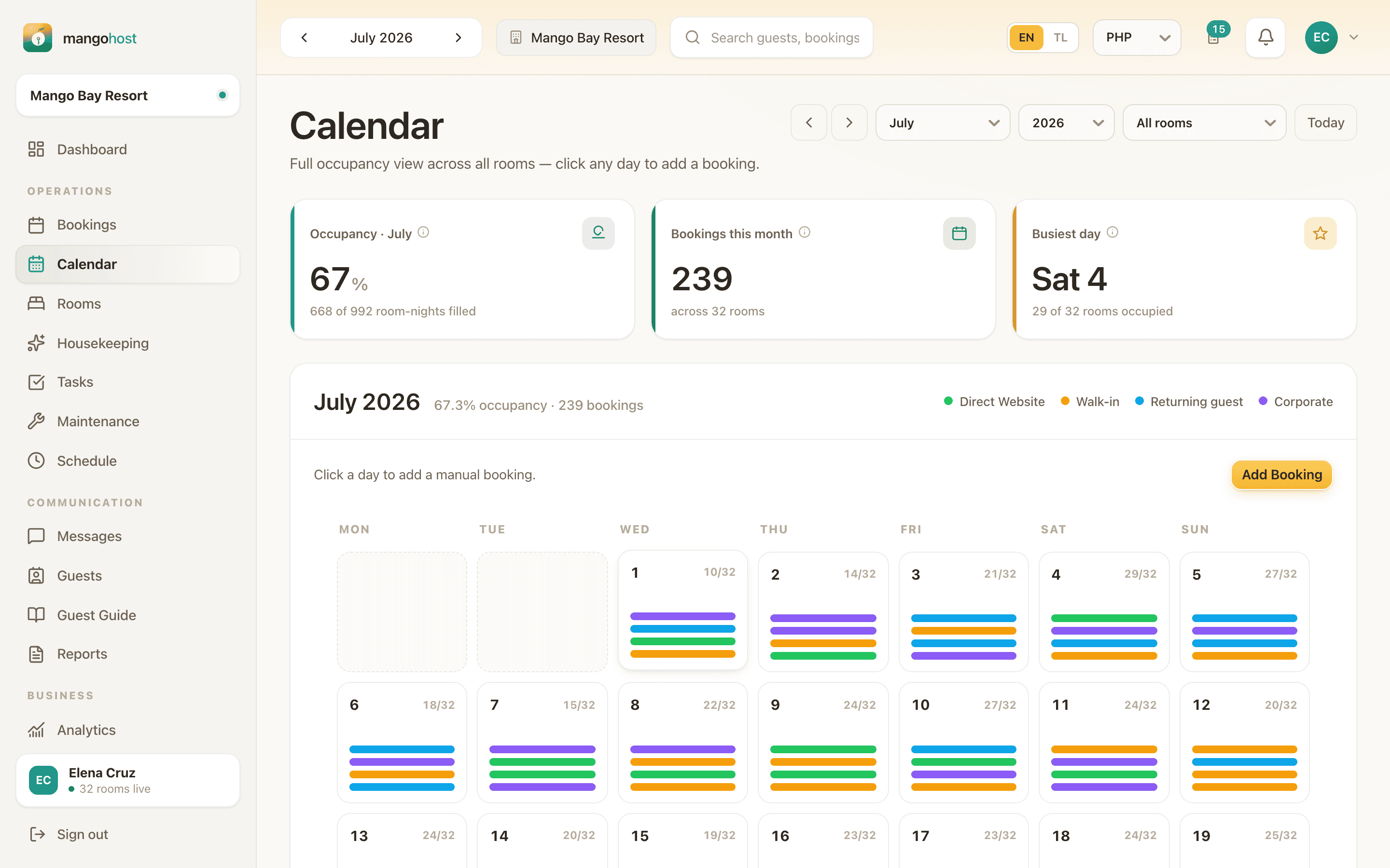 The MangoHost calendar: every room across every night, colour-coded by booking source.