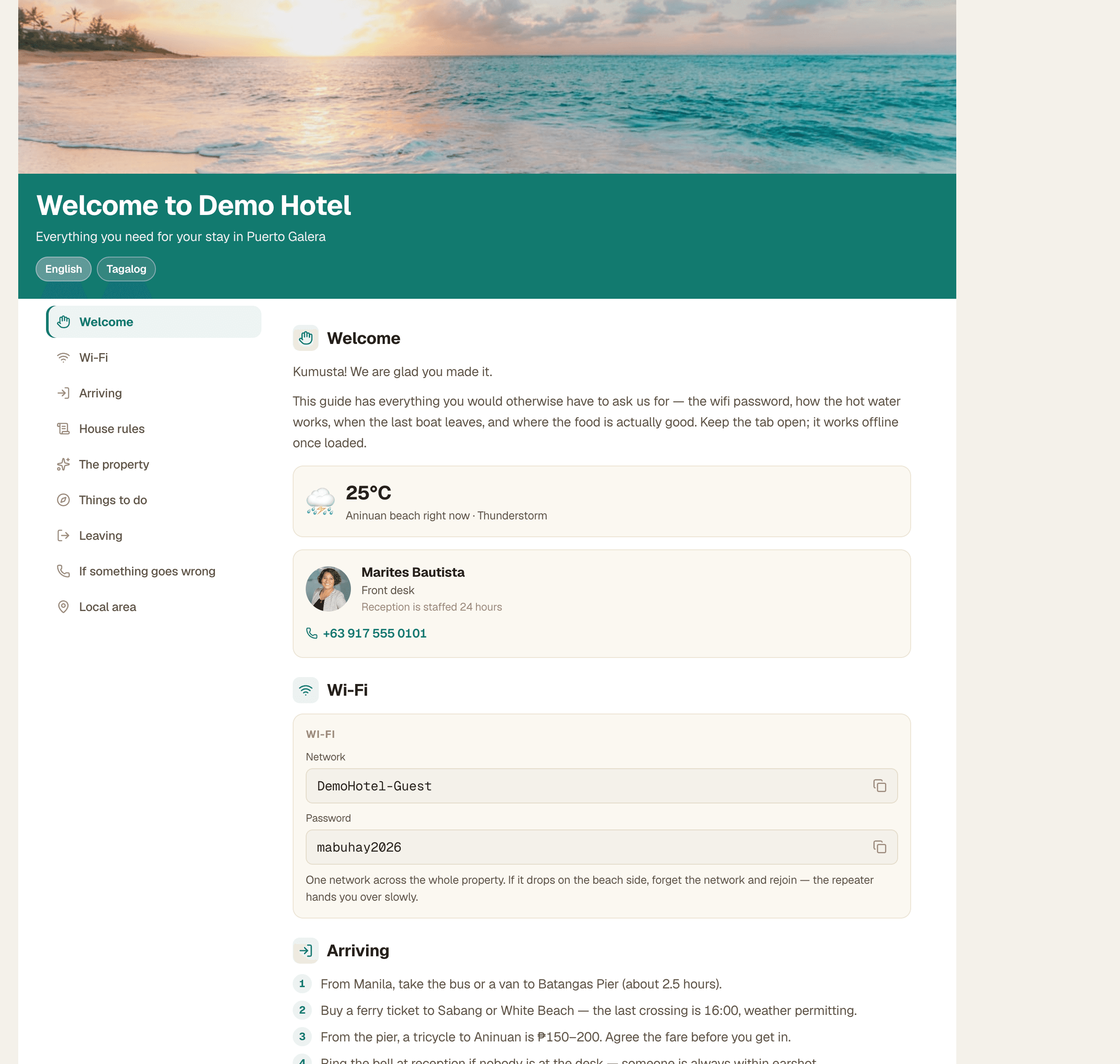 A published MangoHost Guest Guide: cover photo, an English and Tagalog switcher, section navigation, live local weather, the front-desk contact card, and the Wi-Fi network and password with copy buttons.