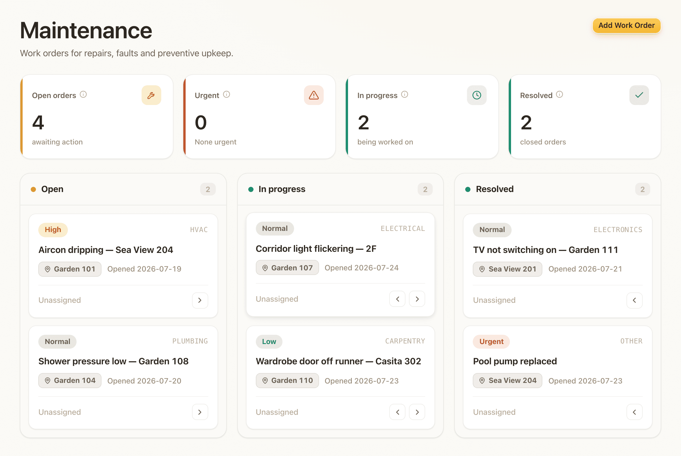The MangoHost maintenance board: work orders in open, in-progress and resolved columns with priority and category.