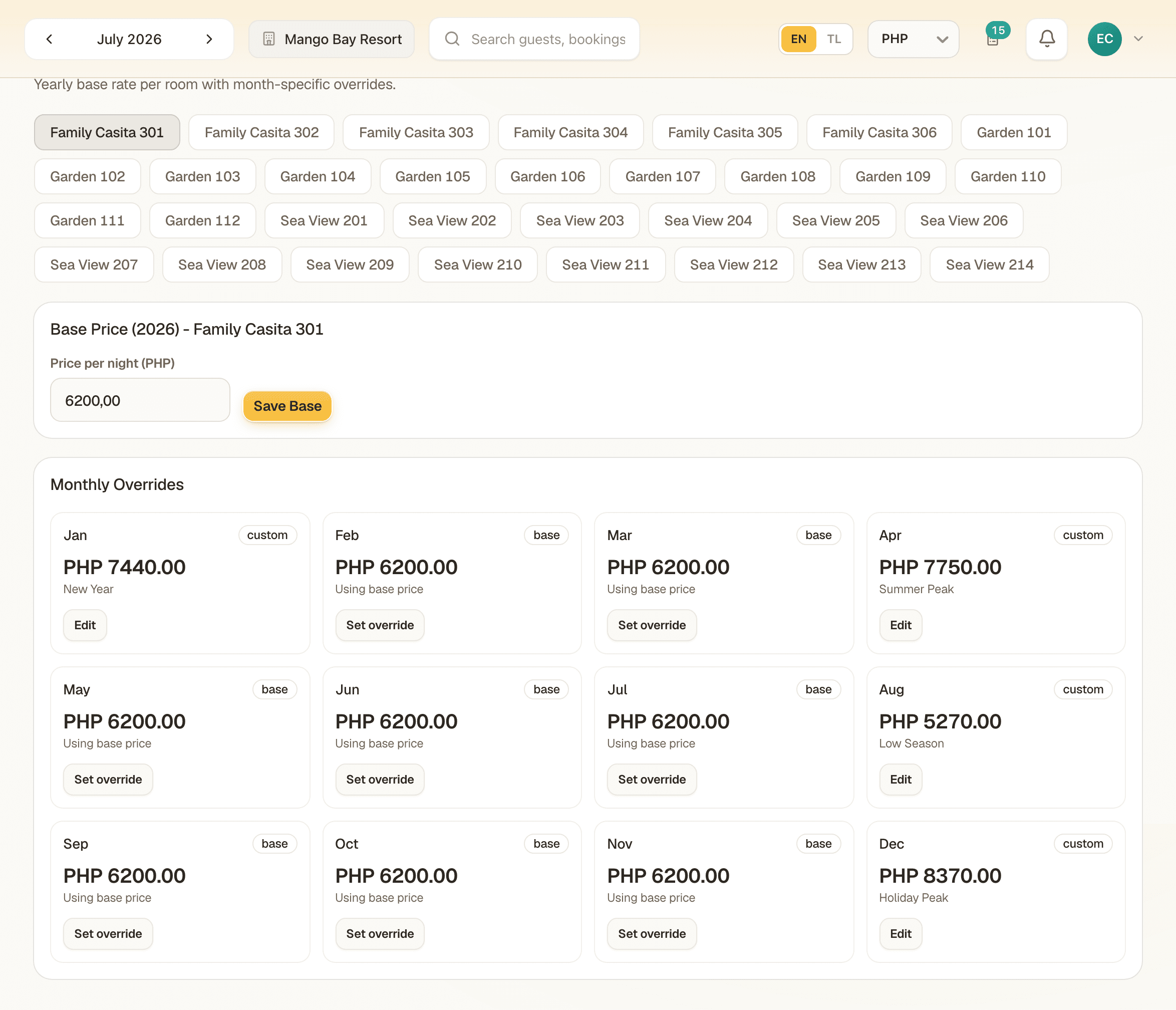 The MangoHost pricing screen: a base price per room for the year, with a twelve-month grid of seasonal overrides.