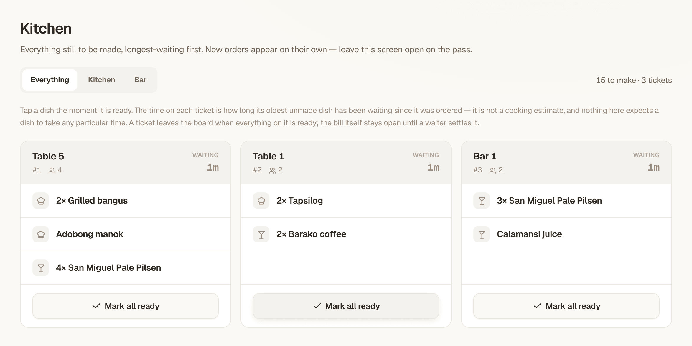 The MangoHost kitchen queue, showing tickets by prep area with per-item state.