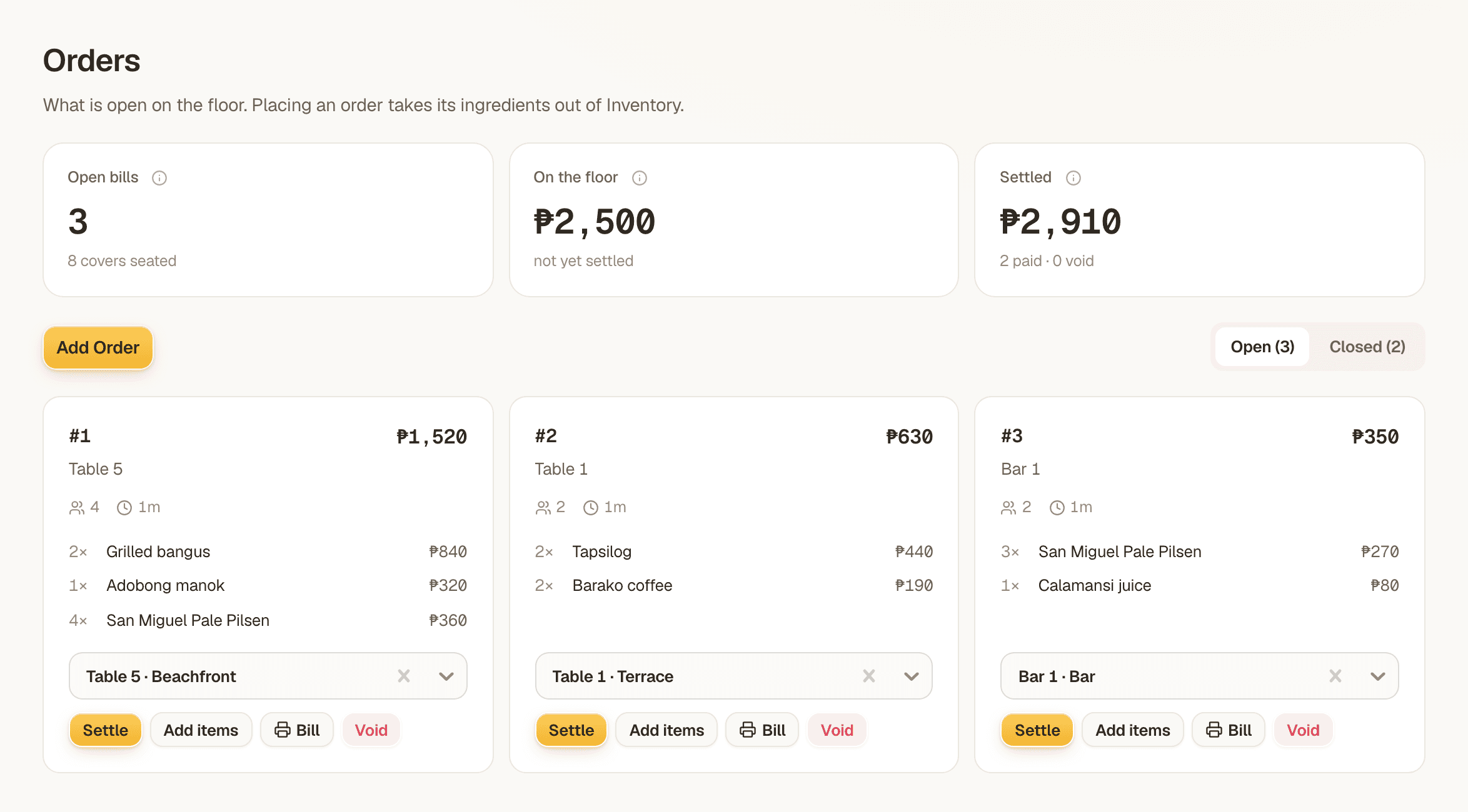The MangoHost restaurant orders screen: open bills by table with covers, elapsed time, line items and settle, add-items, bill and void actions.